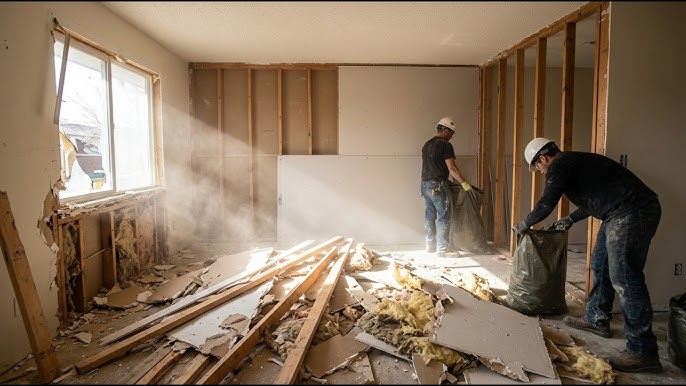 Contractors cleaning renovation debris during an American interior demolition project